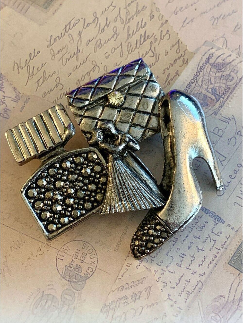 Vintage Chic Silver Couple Wedding Fashion Brooch with High Heel & Purse Design